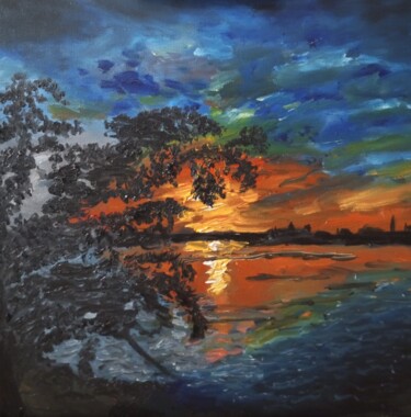 Картина под названием "Закат на Волге" - Анна Корнилина, Подлинное произведение искусства, Масло