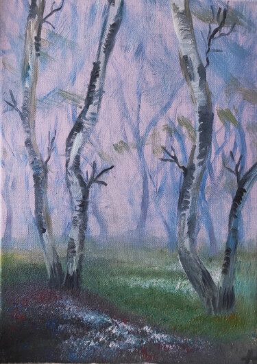 Painting titled "Березы в лесу" by Anna Kriachkova, Original Artwork, Oil
