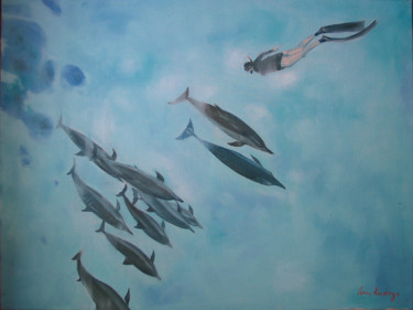 Peinture intitulée "Games with Dolphins" par Anna Krasnaya, Œuvre d'art originale, Huile