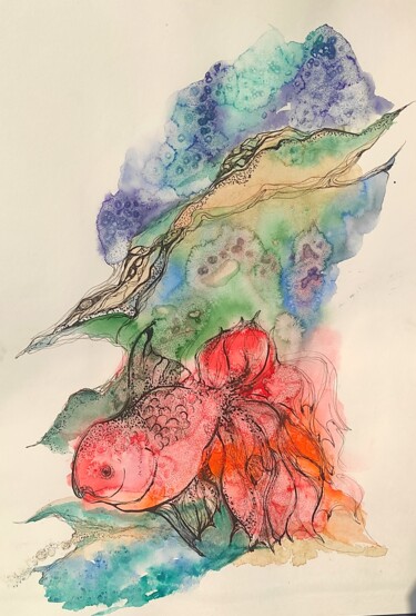 Painting titled "Poisson" by Anna Krasni (Palitra), Original Artwork, Watercolor Mounted on Glass