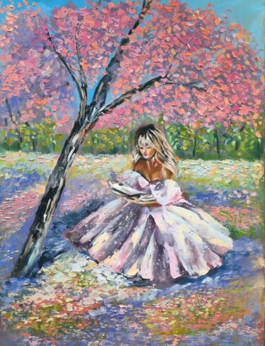 Painting titled "Cherry blossom" by Anna Krivtsova, Original Artwork, Oil