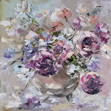 Painting titled "Roses bouquet" by Anna Krivtsova, Original Artwork, Oil