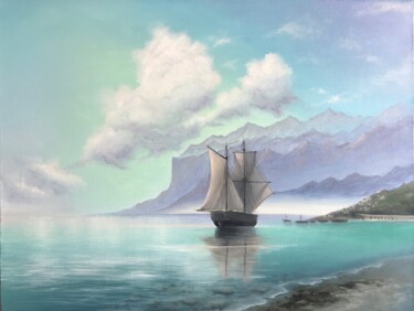 Painting titled "Sailboat in the qui…" by Anna Kulak, Original Artwork, Oil Mounted on Wood Stretcher frame
