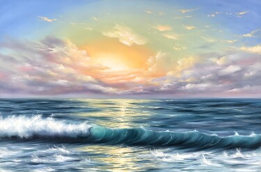 Painting titled "'Sunset at sea'" by Anna Kulak, Original Artwork, Oil Mounted on Wood Stretcher frame
