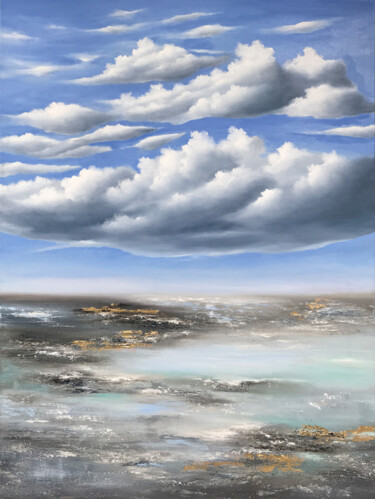 Painting titled "Cumulus clouds over…" by Anna Kulak, Original Artwork, Oil Mounted on Wood Stretcher frame