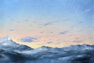 Painting titled "Mountains in the cl…" by Anna Kulak, Original Artwork, Oil Mounted on Wood Stretcher frame