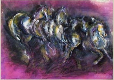 Dessin intitulée "chevaux de nuit" par Anna Langowski, Œuvre d'art originale, Encre