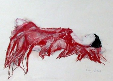 Drawing titled "nu au drape rouge" by Anna Langowski, Original Artwork, Pastel