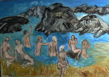 Peinture intitulée "Rocks and bathers" par Anna Langowski, Œuvre d'art originale, Huile