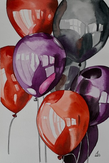 Painting titled "Balloons" by Anna Levchuk, Original Artwork, Watercolor