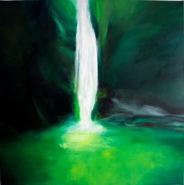 Painting titled "Landscape waterfall…" by Lubchik, Original Artwork, Oil Mounted on Wood Stretcher frame