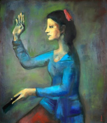 Painting titled "Lady with a fan. In…" by Lubchik, Original Artwork, Oil Mounted on Wood Stretcher frame