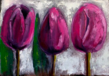 Painting titled "Pink Tulips Paintin…" by Lubchik, Original Artwork, Oil Mounted on Wood Stretcher frame