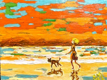 Картина под названием "Girl with the dog" - Anna Makarova, Подлинное произведение искусства, Масло