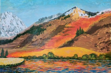 Painting titled "Mountain by the lake" by Anna-Maria Pastinaru, Original Artwork, Oil