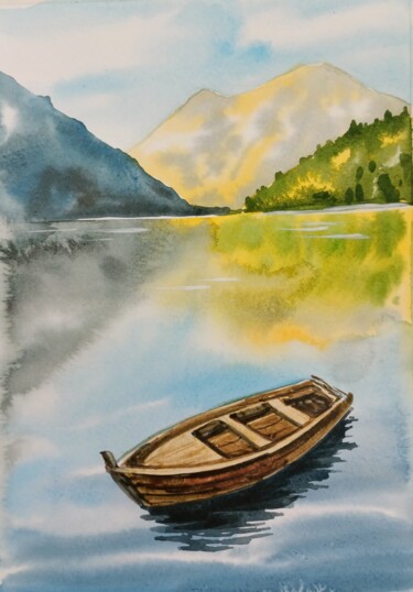Painting titled "The boat on a mount…" by Anna-Maria Pastinaru, Original Artwork, Watercolor
