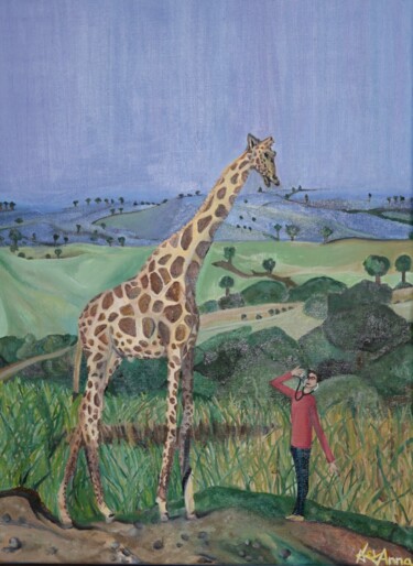 Painting titled "La Girafe et le Doc…" by Anna Medina, Original Artwork, Oil Mounted on Wood Stretcher frame