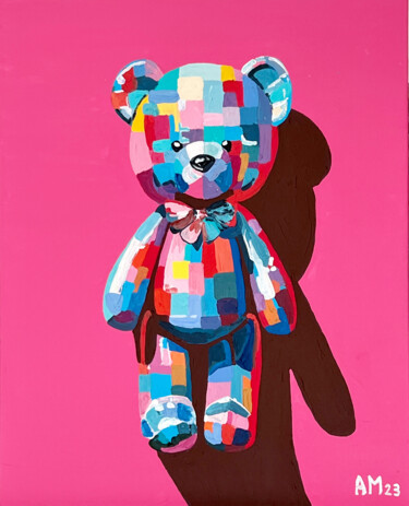 Painting titled "Teddy's Bubblegum" by Anna Meyster, Original Artwork, Acrylic Mounted on Wood Stretcher frame