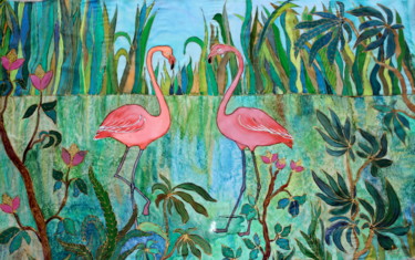 Peinture intitulée "Flamingos on the la…" par Anna Mikheeva, Œuvre d'art originale, Autre