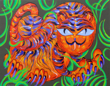 Painting titled "Bright funny tiger.…" by Anna Onikiienko, Original Artwork, Acrylic Mounted on Wood Stretcher frame