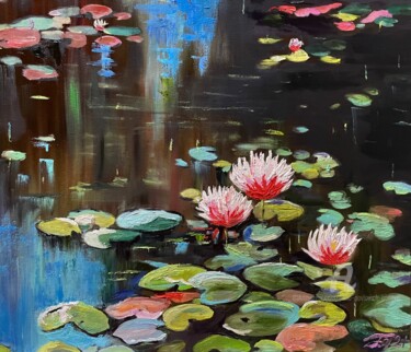 Painting titled "Water lilies" by Anna Pavlovich-Naneva, Original Artwork, Oil Mounted on Wood Stretcher frame