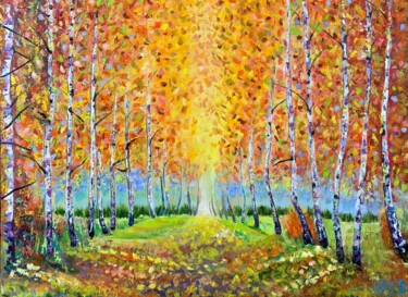 Painting titled "Birches alley" by Anna Pavlovich-Naneva, Original Artwork, Oil Mounted on Wood Stretcher frame