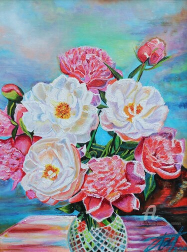 Painting titled "PEONIES" by Anna Pavlovich-Naneva, Original Artwork, Oil Mounted on Wood Stretcher frame