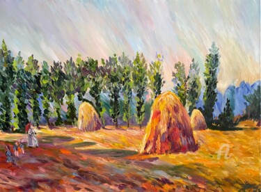 Painting titled "Haystacks at Giverny" by Anna Pavlovich-Naneva, Original Artwork, Oil Mounted on Wood Stretcher frame