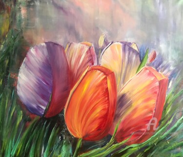Painting titled "7 tulips" by Anna Pavlovich-Naneva, Original Artwork, Oil
