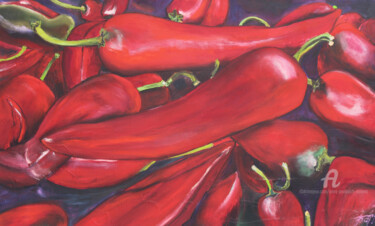 Painting titled "Hot peppers" by Anna Pavlovich-Naneva, Original Artwork, Oil Mounted on Wood Stretcher frame