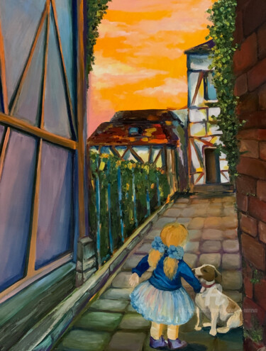 Картина под названием "A girl with the dog" - Anna Pavlovich-Naneva, Подлинное произведение искусства, Масло