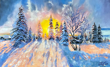 Painting titled "Winter landscape" by Anna Pavlovich-Naneva, Original Artwork, Oil Mounted on Wood Stretcher frame