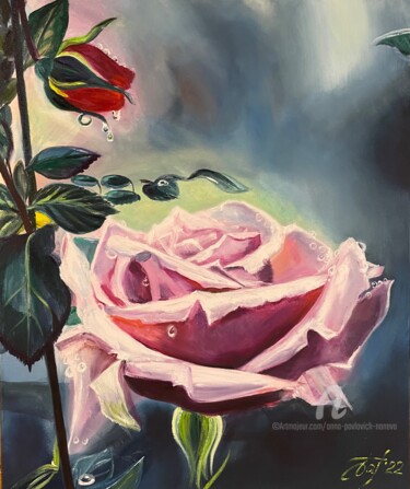 Schilderij getiteld "Wild rose" door Anna Pavlovich-Naneva, Origineel Kunstwerk, Olie Gemonteerd op Frame voor houten branca…