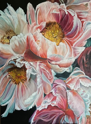 Painting titled "Happy peonies" by Anna Pavlovich-Naneva, Original Artwork, Oil Mounted on Wood Stretcher frame
