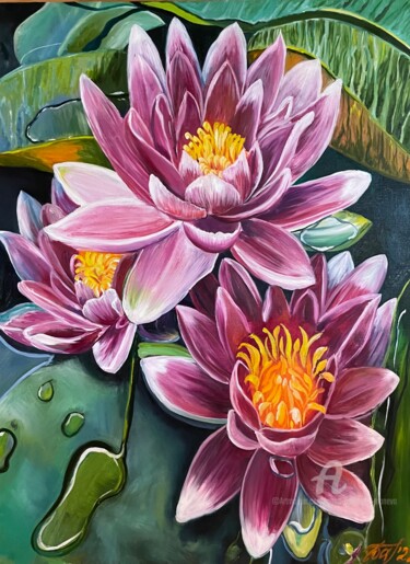 Painting titled "Blooming water lili…" by Anna Pavlovich-Naneva, Original Artwork, Oil Mounted on Wood Stretcher frame