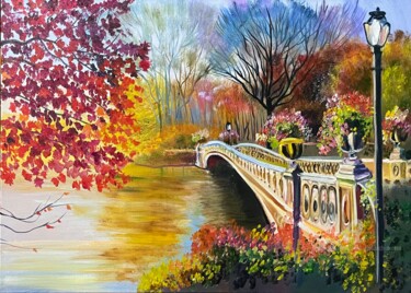 Painting titled "Autumn bridge" by Anna Pavlovich-Naneva, Original Artwork, Oil