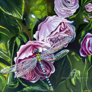 Painting titled "Dragonfly in roses" by Anna Pavlovich-Naneva, Original Artwork, Oil Mounted on Wood Stretcher frame