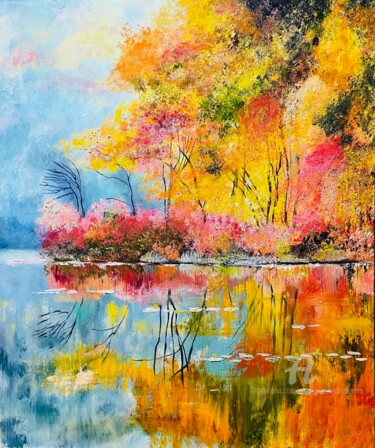 Painting titled "On the lake" by Anna Pavlovich-Naneva, Original Artwork, Oil Mounted on Wood Stretcher frame