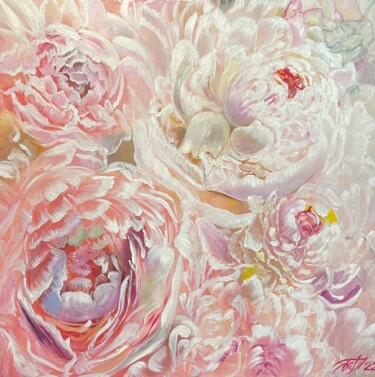 Painting titled "Marshmallow peonies" by Anna Pavlovich-Naneva, Original Artwork, Oil Mounted on Wood Stretcher frame
