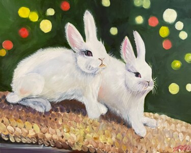 Painting titled "White rabbits" by Anna Pavlovich-Naneva, Original Artwork, Oil Mounted on Wood Stretcher frame