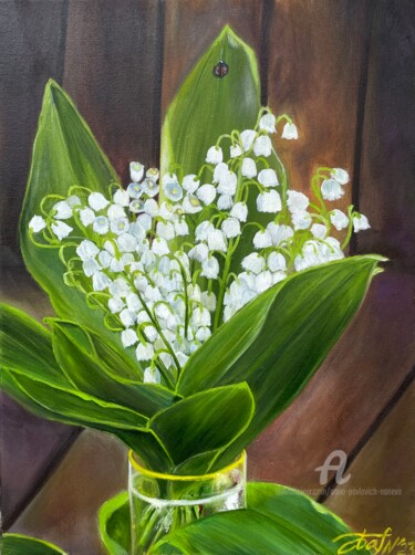 Painting titled "Bouquet of  lilies…" by Anna Pavlovich-Naneva, Original Artwork, Oil Mounted on Wood Stretcher frame