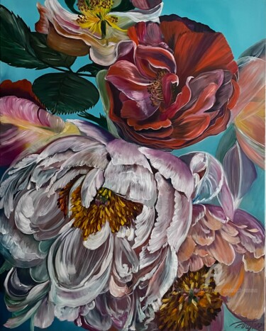 Painting titled "Bright peonies" by Anna Pavlovich-Naneva, Original Artwork, Oil Mounted on Wood Stretcher frame