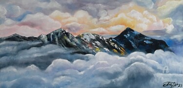 Painting titled "Mountains" by Anna Pavlovich-Naneva, Original Artwork, Oil Mounted on Wood Stretcher frame