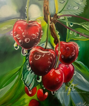 Painting titled "Ripe cherry" by Anna Pavlovich-Naneva, Original Artwork, Oil Mounted on Wood Stretcher frame