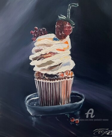 Painting titled "Cupcake with berries" by Anna Pavlovich-Naneva, Original Artwork, Oil Mounted on Wood Stretcher frame