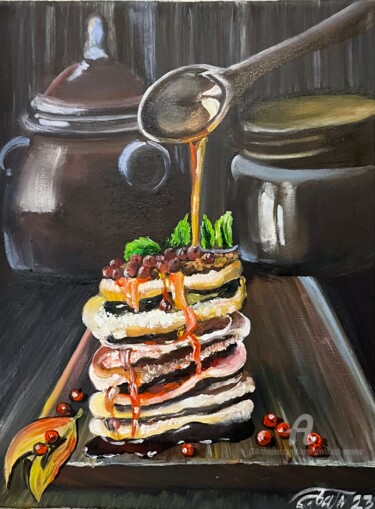 Schilderij getiteld "Pancakes" door Anna Pavlovich-Naneva, Origineel Kunstwerk, Olie Gemonteerd op Frame voor houten brancard