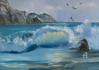 Painting titled "Seagulls on a sea" by Anna Pavlovich-Naneva, Original Artwork, Oil Mounted on Wood Stretcher frame
