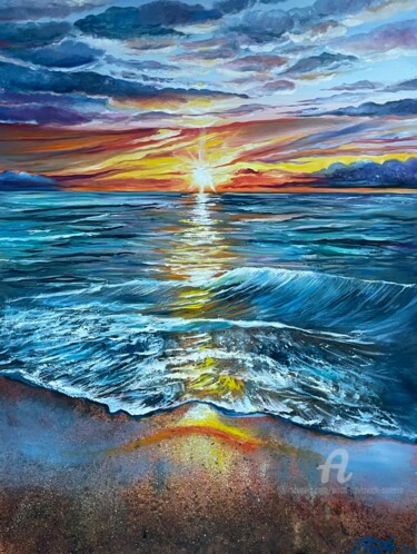 Painting titled "Sunset on the sea" by Anna Pavlovich-Naneva, Original Artwork, Oil Mounted on Wood Stretcher frame