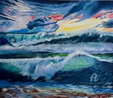 Malarstwo zatytułowany „Clouds and waves” autorstwa Anna Pavlovich-Naneva, Oryginalna praca, Olej Zamontowany na Drewniana r…