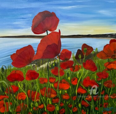 Painting titled "Poppies over the sea" by Anna Pavlovich-Naneva, Original Artwork, Oil Mounted on Wood Stretcher frame